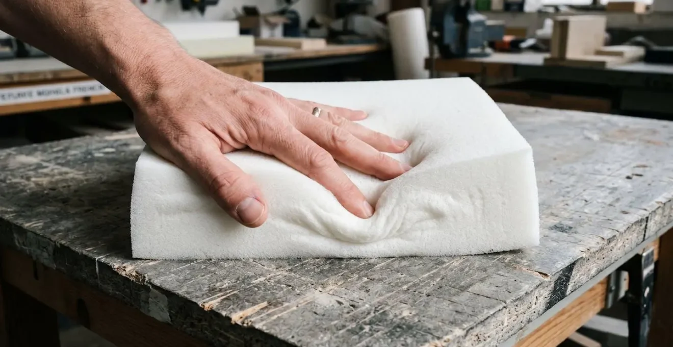 Main appuyant sur un échantillon de mousse à mémoire de forme blanche montrant l'empreinte progressive du matériau viscoélastique