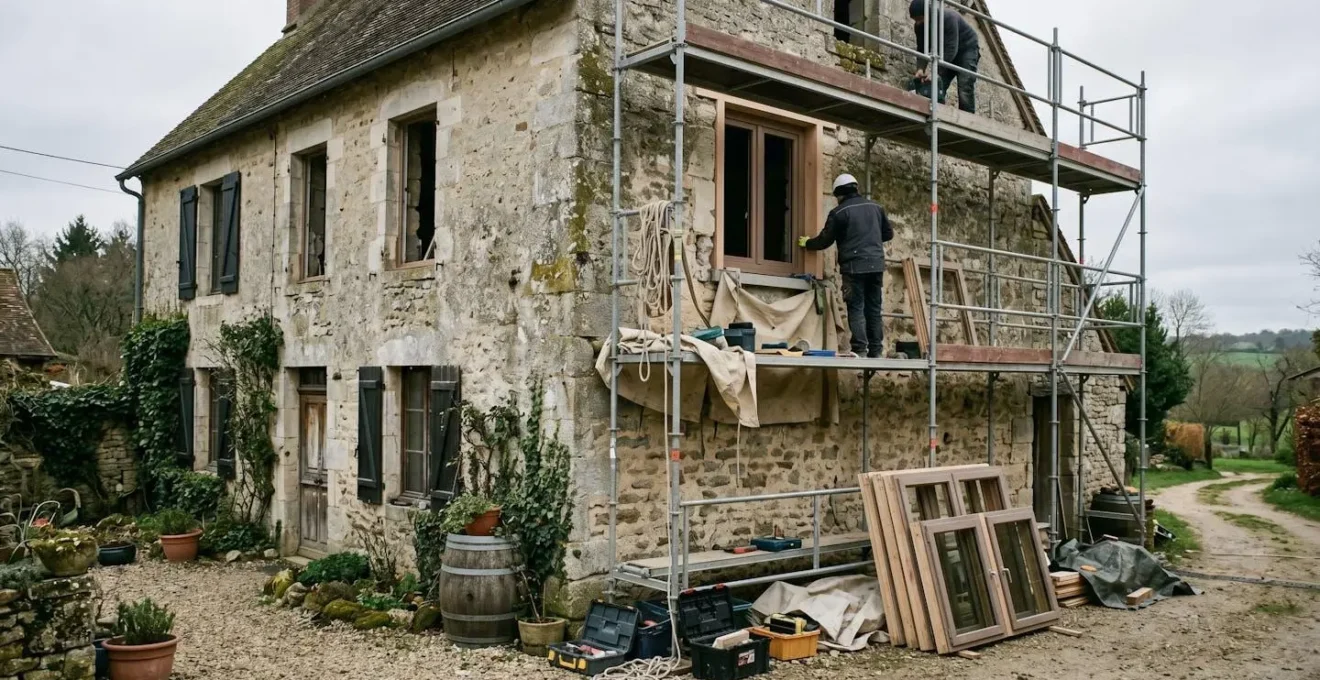 Vue extérieure d'une maison ancienne avec un chantier de remplacement de fenêtres en cours