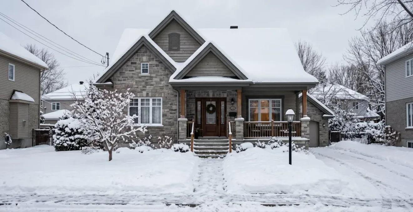 Façade d'une maison unifamiliale québécoise en hiver avec fenêtres encadrées de neige, illustrant les risques d'infiltration par un calfeutrage usé
