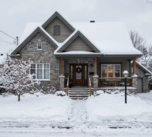 Façade d'une maison unifamiliale québécoise en hiver avec fenêtres encadrées de neige, illustrant les risques d'infiltration par un calfeutrage usé