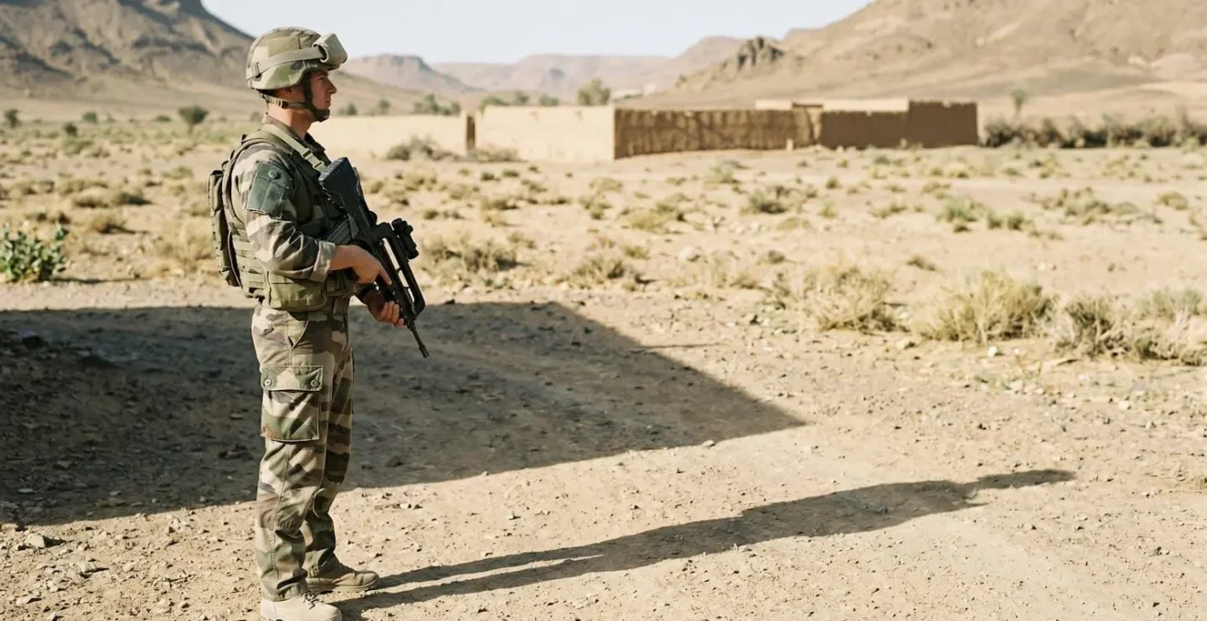 Militaire français en tenue de mission OPEX dans un environnement désertique, photographié de profil, équipement tactique visible, lumière naturelle forte