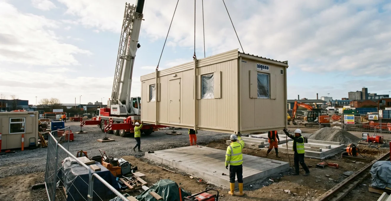Module de construction modulaire Algeco beige posé sur un chantier avec camion de livraison et clôture de sécurité
