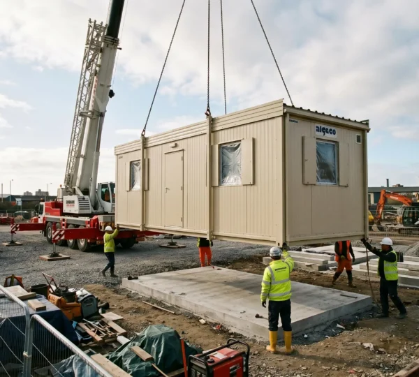 Module de construction modulaire Algeco beige posé sur un chantier avec camion de livraison et clôture de sécurité