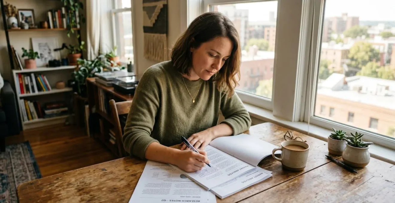 Une personne analysant plusieurs documents bancaires posés sur une table lumineuse, stylo en main