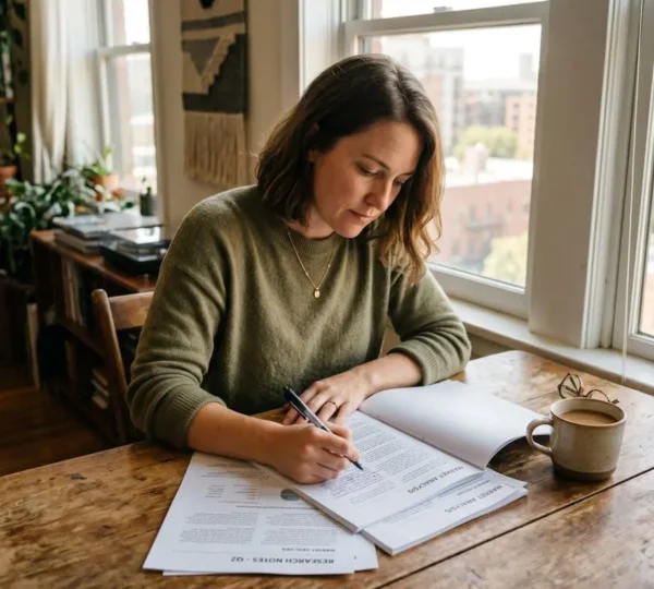 Une personne analysant plusieurs documents bancaires posés sur une table lumineuse, stylo en main
