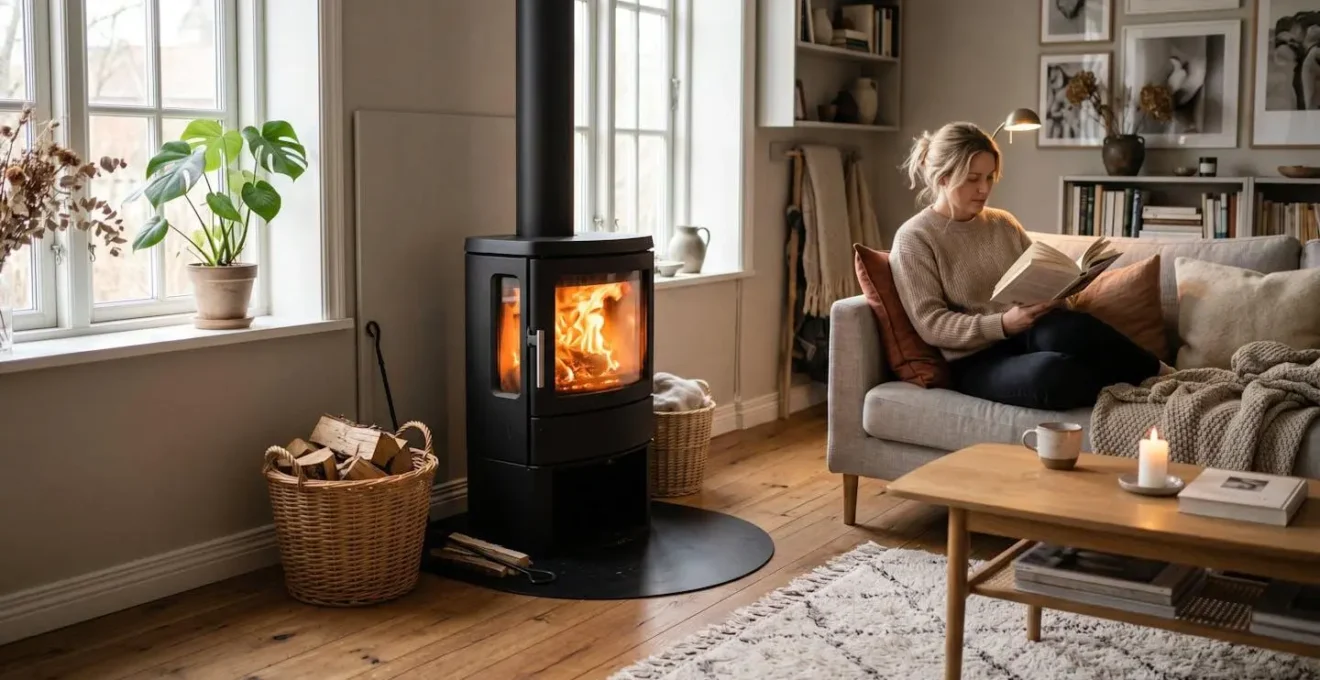 Petit poêle à bois compact installé dans un salon moderne de petite surface, flammes visibles derrière la vitre
