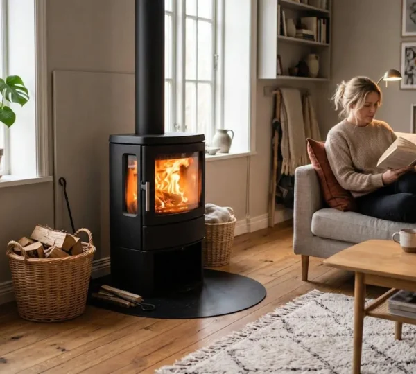 Petit poêle à bois compact installé dans un salon moderne de petite surface, flammes visibles derrière la vitre