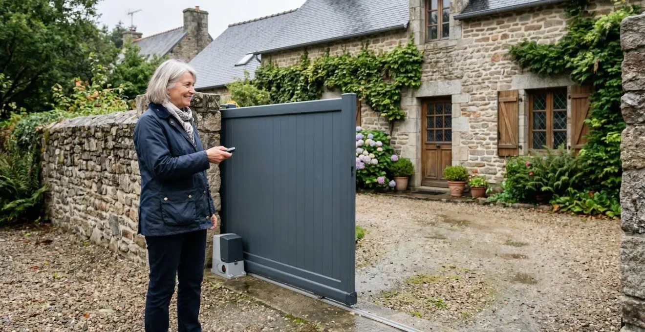 Portail motorisé en aluminium gris ouvert sur l'allée d'entrée d'une maison bretonne, télécommande visible en main du propriétaire