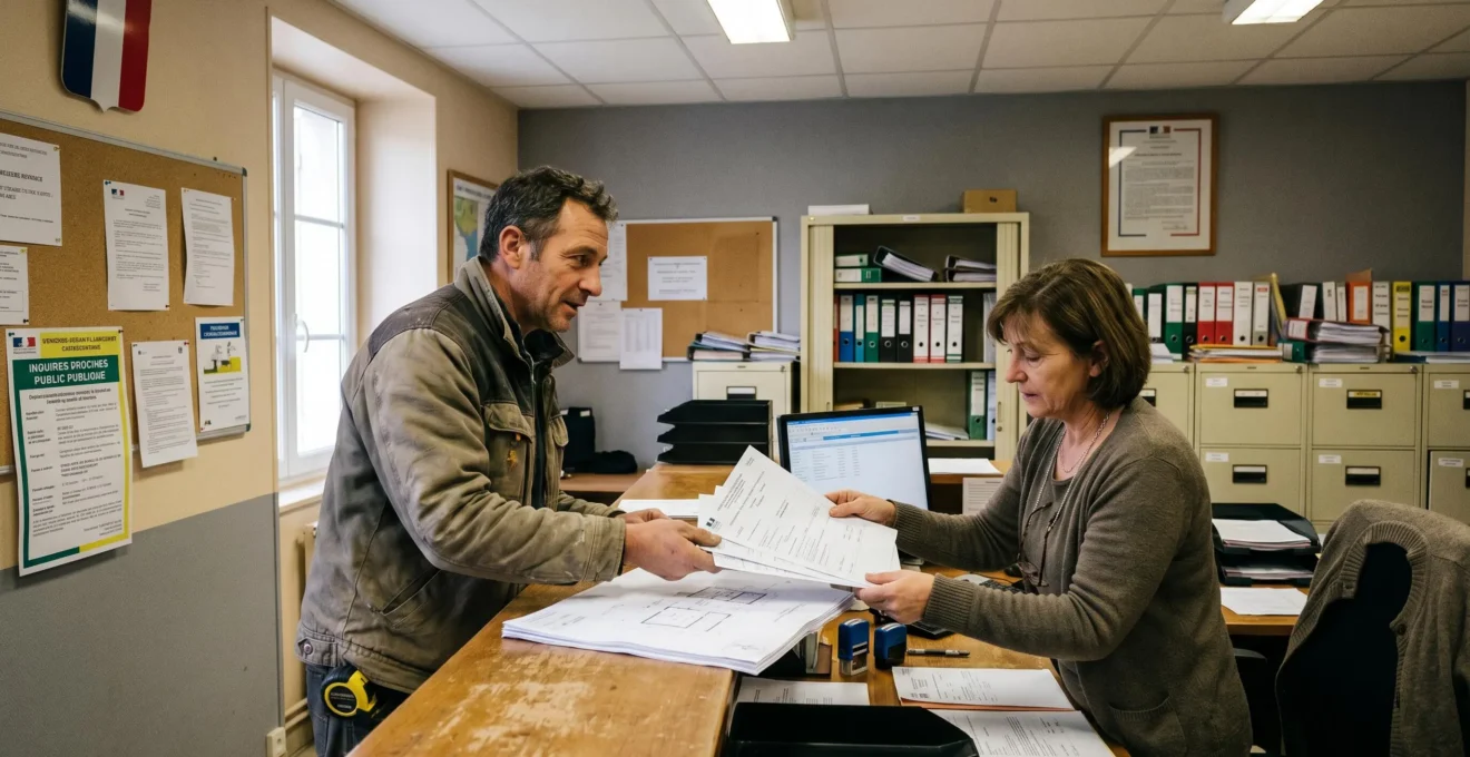 Professionnel déposant un dossier d'autorisation au guichet du service urbanisme d'une mairie