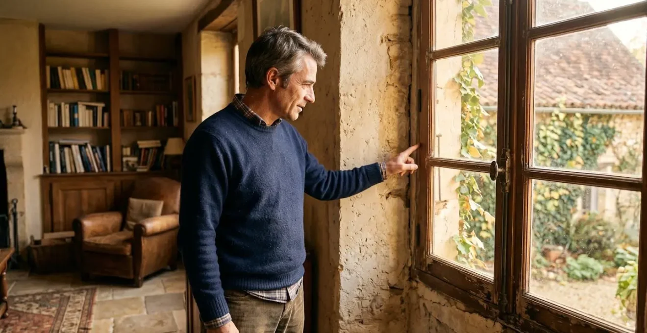 Propriétaire inspectant une fenêtre ancienne à remplacer dans une maison en rénovation