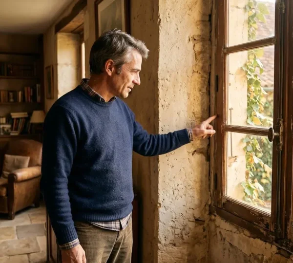 Propriétaire inspectant une fenêtre ancienne à remplacer dans une maison en rénovation