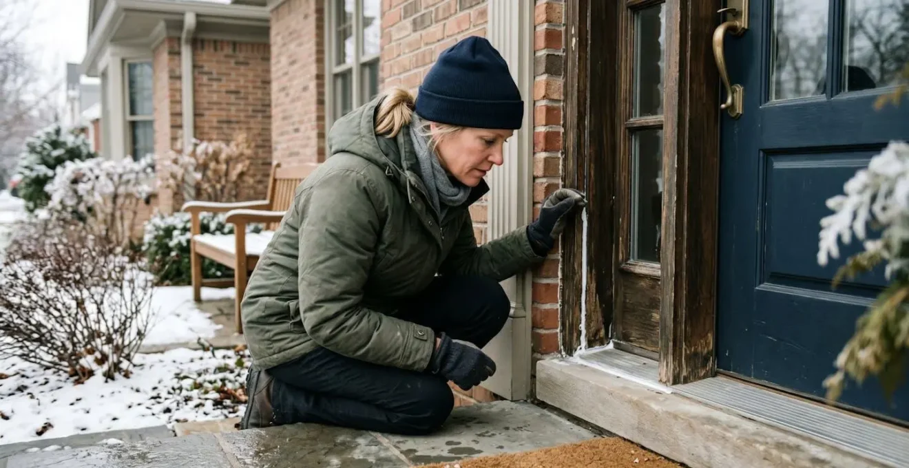 Propriétaire québécois inspectant le joint de calfeutrage autour du cadre d'une porte extérieure par temps froid, illustrant l'importance de l'inspection préventive