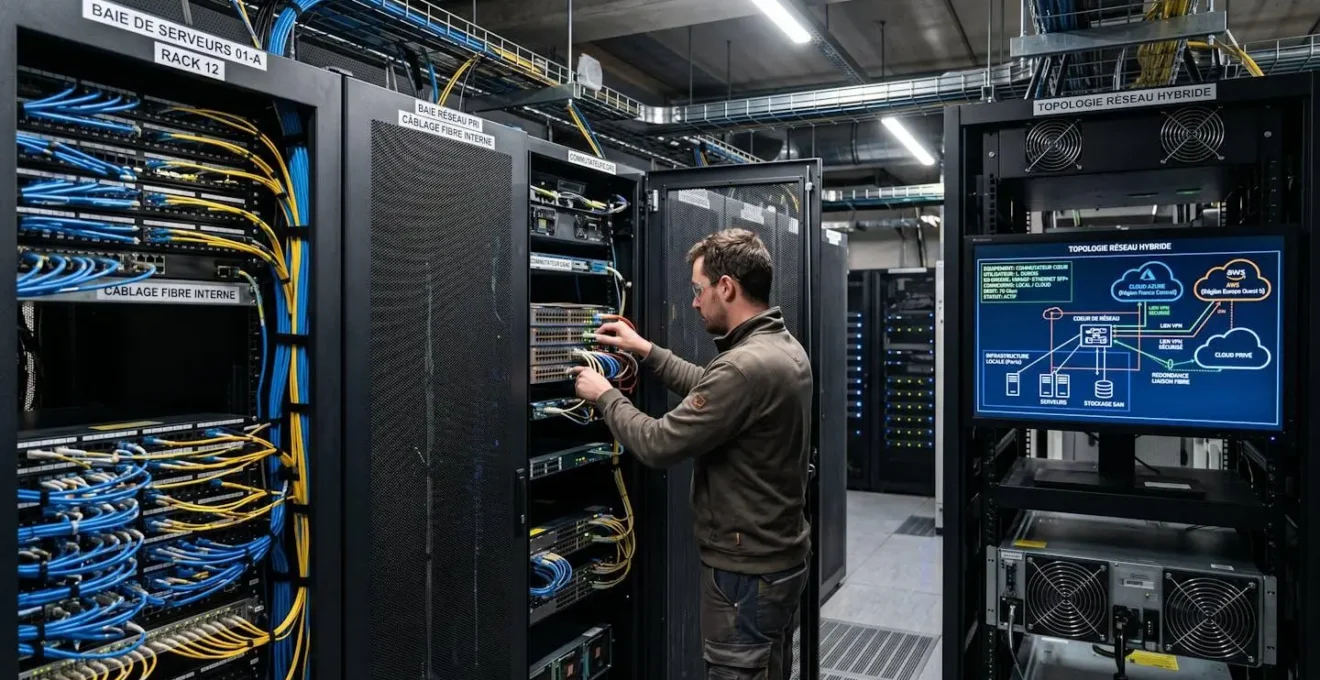 Technicien réseau configurant infrastructure hybride avec serveurs on-premise et connexion cloud, câblage fibre optique et écran affichant topologie réseau