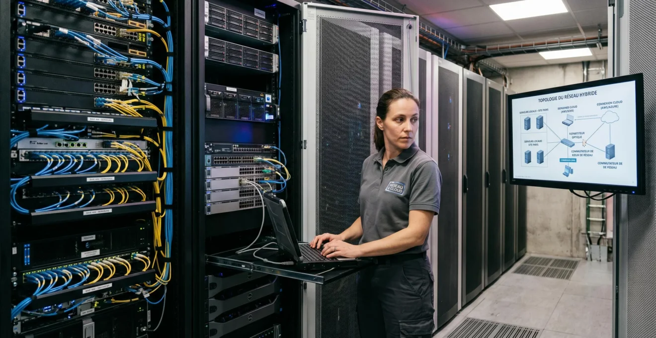 Technicien réseau configurant infrastructure hybride avec serveurs on-premise et connexion cloud, câblage fibre optique et écran affichant topologie réseau