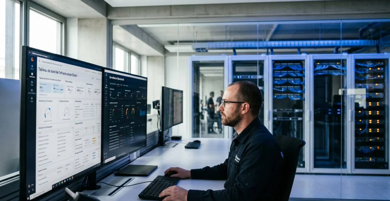 Technicien superviseur dans centre de données moderne français avec écrans de monitoring Cloud et dashboards cybersécurité, baies serveurs LED bleutées en arrière-plan