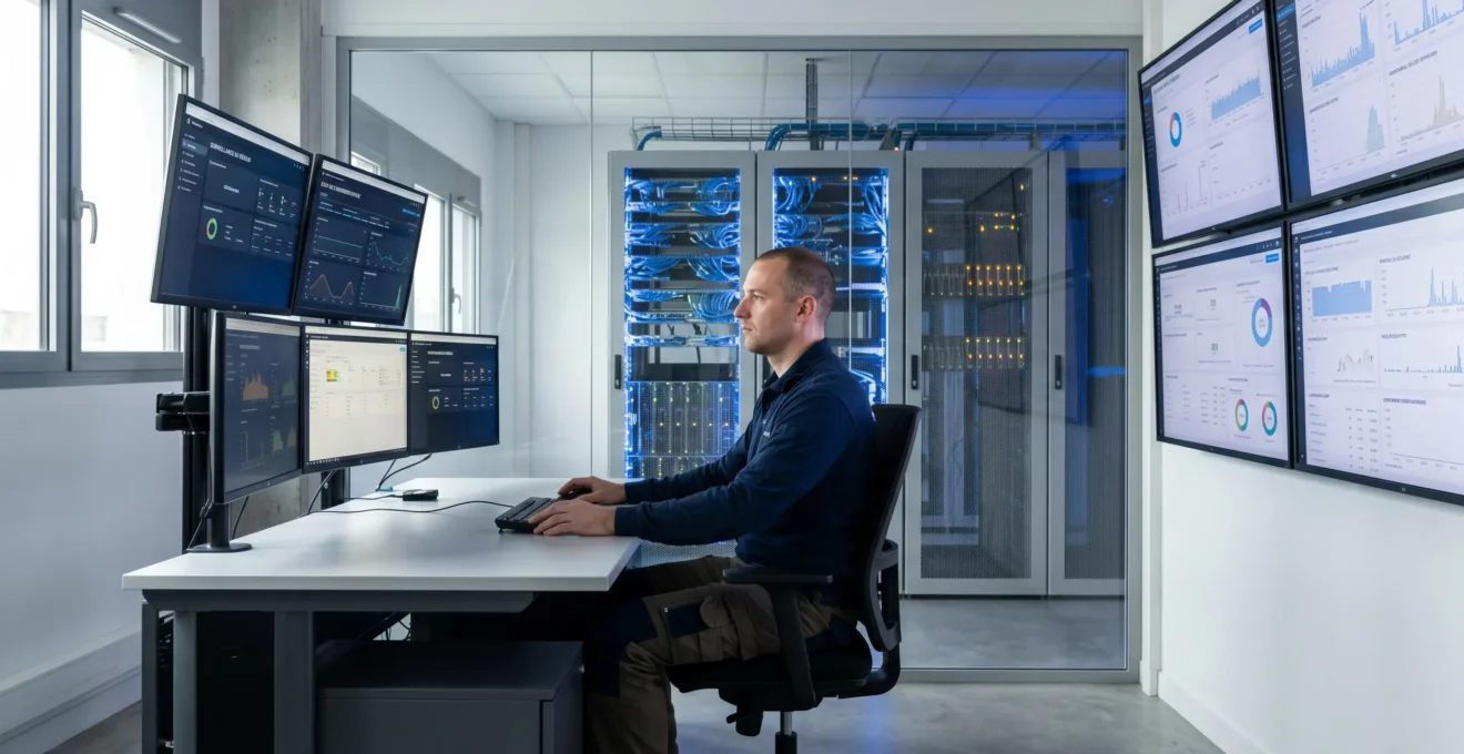 Technicien superviseur dans centre de données moderne français avec écrans de monitoring Cloud et dashboards cybersécurité, baies serveurs LED bleutées en arrière-plan