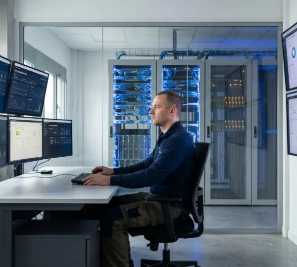Technicien superviseur dans centre de données moderne français avec écrans de monitoring Cloud et dashboards cybersécurité, baies serveurs LED bleutées en arrière-plan