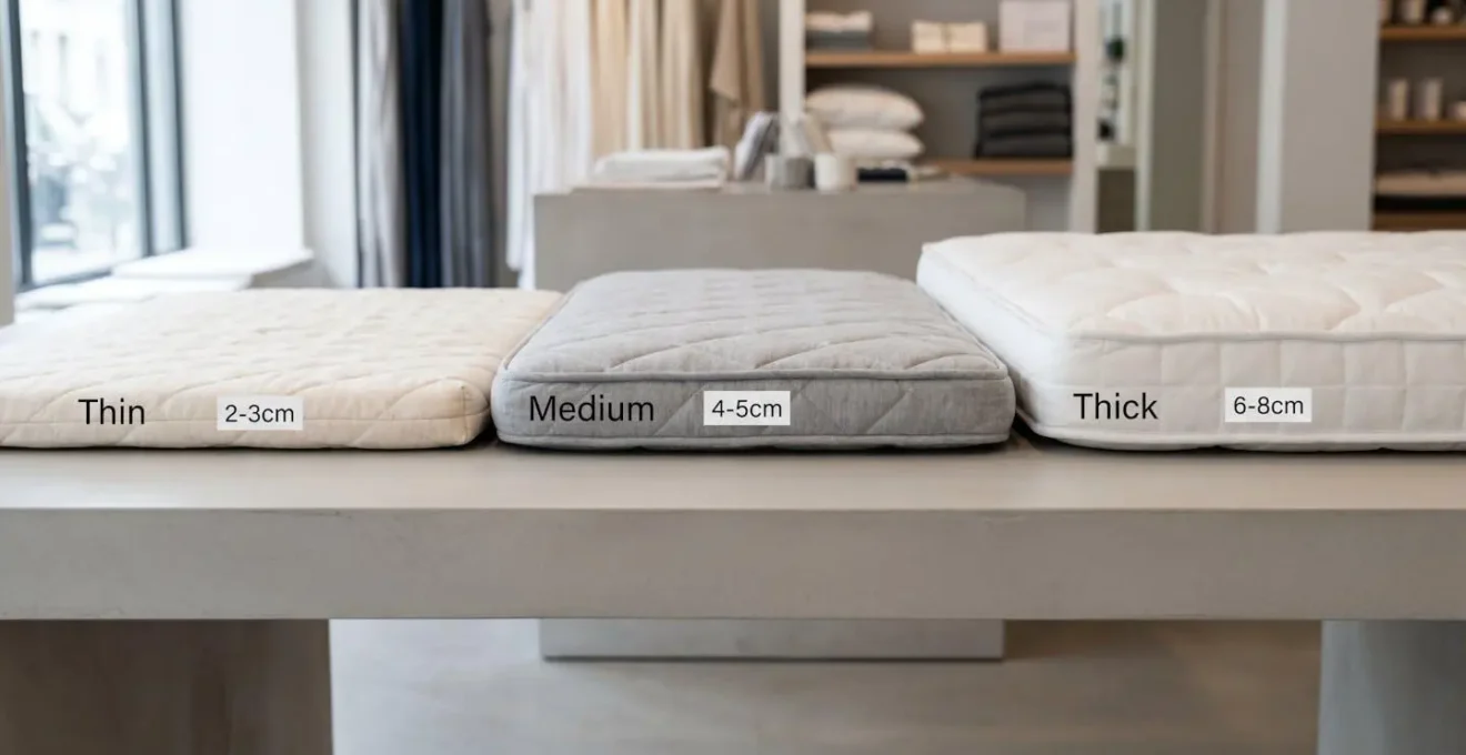 Trois sur-matelas d'épaisseurs croissantes (2-3 cm, 4-5 cm, 6-8 cm) alignés côte à côte en vue de profil sur une table de showroom