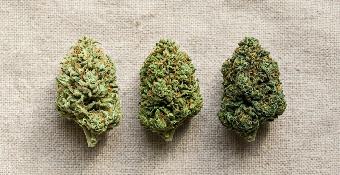 Plusieurs variétés de fleurs de CBD disposées côte à côte sur une surface naturelle pour illustrer la diversité des types de culture