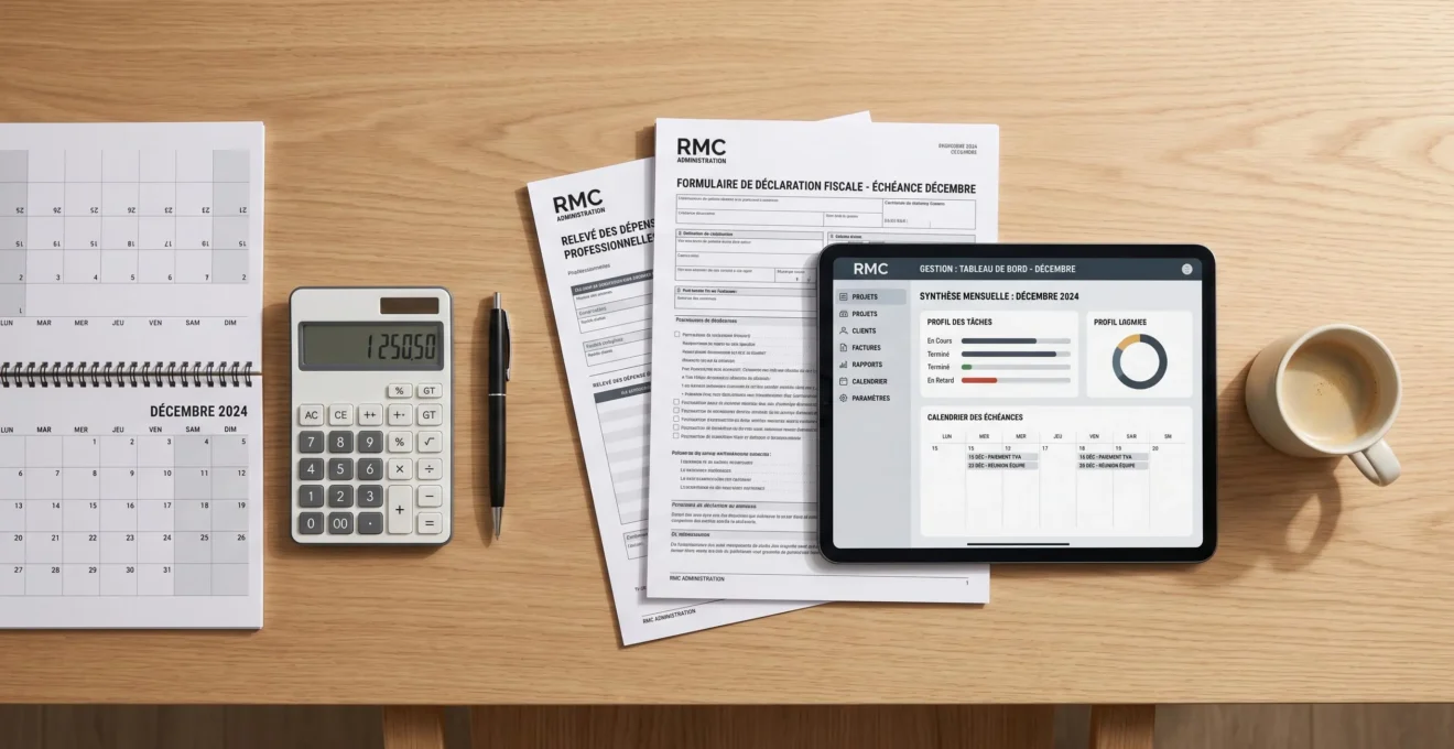 Vue de dessus d'un bureau organisé avec calendrier fiscal ouvert sur décembre, calculatrice, documents RMC, tablette numérique affichant interface en français, tasse de café, lumière naturelle douce