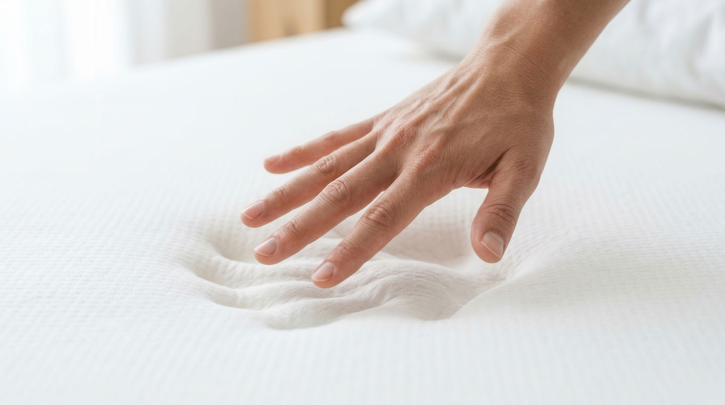 Main appuyant sur un échantillon de mousse à mémoire de forme blanche montrant l'empreinte progressive du matériau viscoélastique