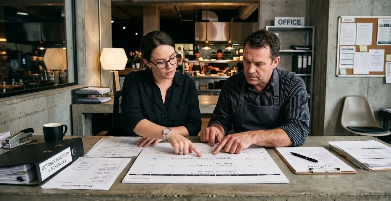 Bureau de restaurant avec calendrier ouvert et documentation, mains indiquant les dates de collecte planifiées dans un environnement de travail organisé