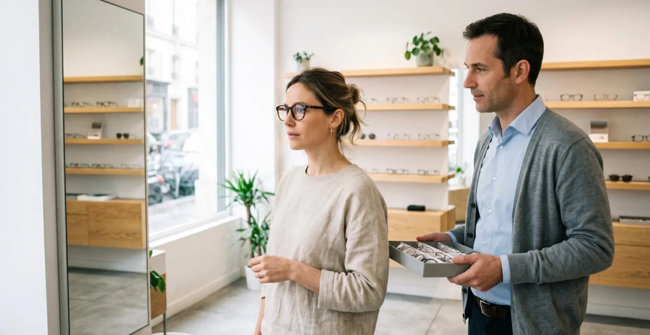 Cliente essayant des lunettes devant un miroir dans un magasin d'optique moderne, conseillée par un opticien professionnel
