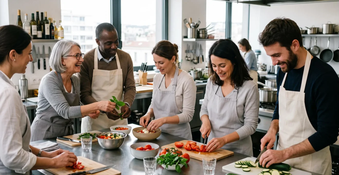 Collaborateurs en tabliers préparant ensemble des ingrédients frais autour d'un plan de travail professionnel lors d'un atelier cuisine team building