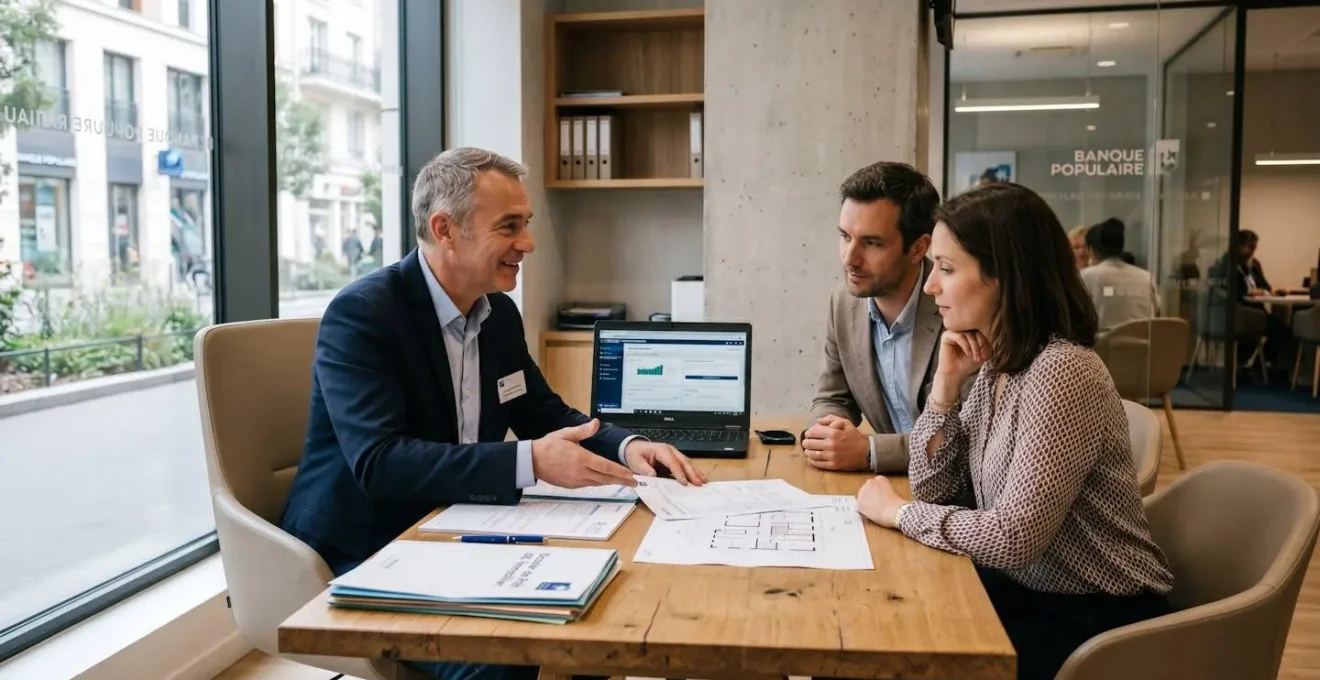 Conseiller bancaire échangeant avec un couple d'acquéreurs dans un bureau d'agence moderne, avec des documents et un écran d'ordinateur sur la table