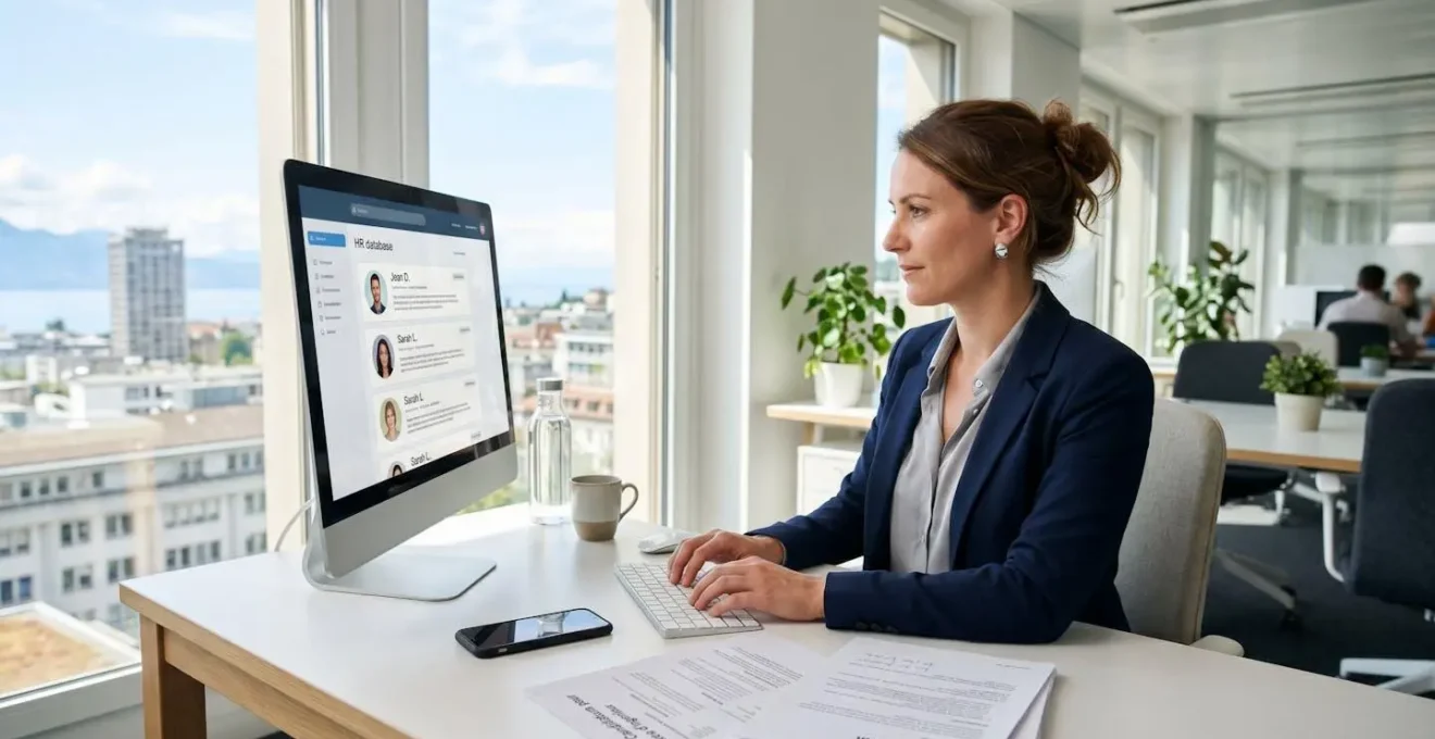 Consultante en recrutement analysant des profils de candidats sur ordinateur dans un bureau moderne de Lausanne