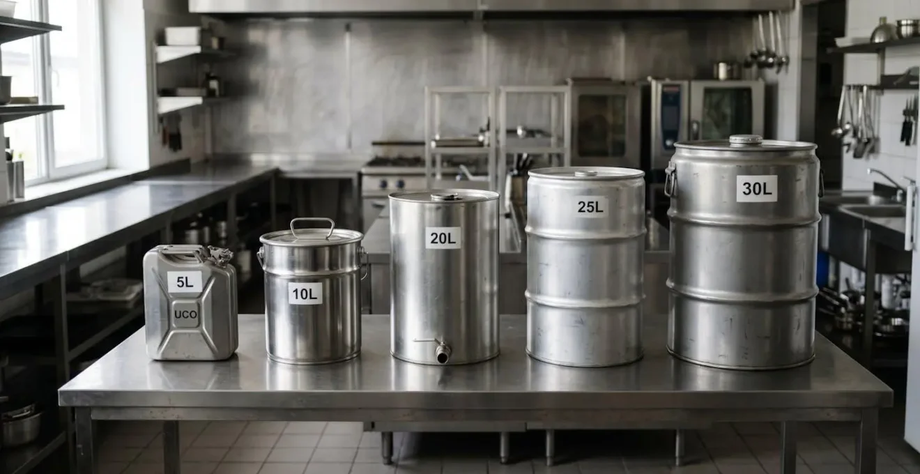 Contenants de collecte de différentes tailles disposés côte à côte sur une surface de cuisine professionnelle illustrant les volumes variables selon les établissements