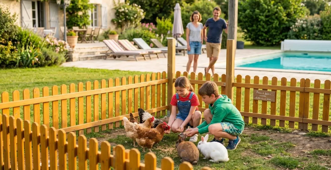 Deux enfants nourrissant des animaux de ferme dans le parc animalier du Domaine de la Haye, avec piscine et terrasse en arrière-plan
