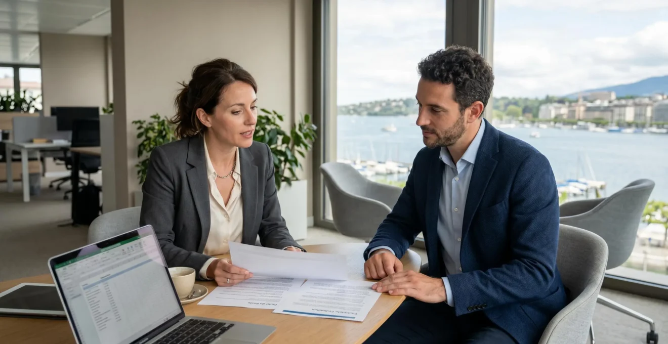 Entretien de recrutement professionnel dans un bureau moderne de l'arc lémanique avec vue sur le lac Léman, recruteuse et candidat discutant autour de documents multilingues