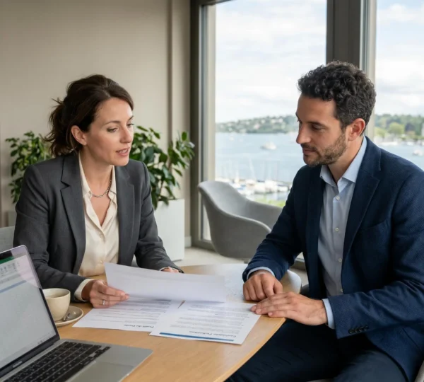 Entretien de recrutement professionnel dans un bureau moderne de l'arc lémanique avec vue sur le lac Léman, recruteuse et candidat discutant autour de documents multilingues