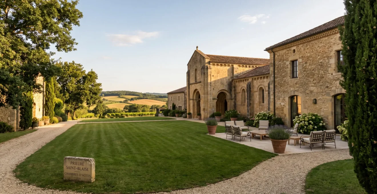 Façade en pierre du Domaine de la Haye, ancien prieuré du XIIe siècle restauré, avec cour arborée et terrasse au coucher du soleil