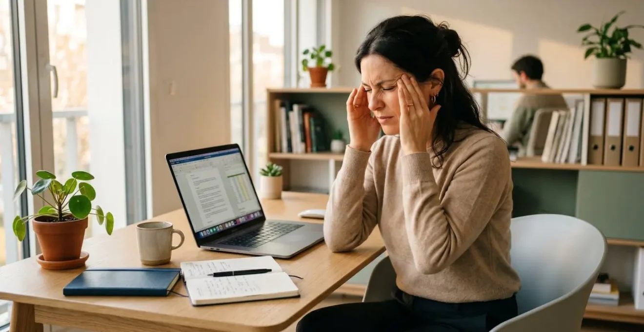 Femme au bureau se massant les tempes devant son ordinateur, manifestant une fatigue visuelle typique de l'astigmatisme non corrigé