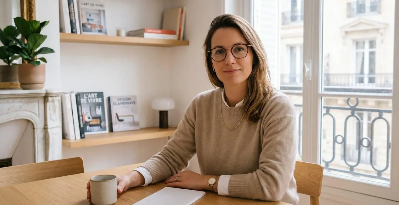 Femme portant des lunettes de vue à monture fine dans un intérieur parisien lumineux au style épuré