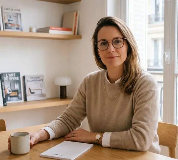 Femme portant des lunettes de vue à monture fine dans un intérieur parisien lumineux au style épuré