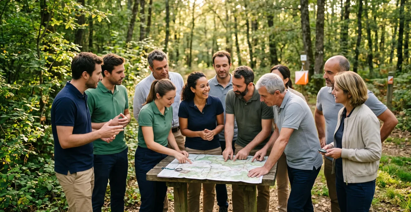 Groupe de collaborateurs d'entreprise réunis autour d'une carte lors d'un parcours d'orientation en forêt, échangeant et collaborant activement dans un cadre naturel