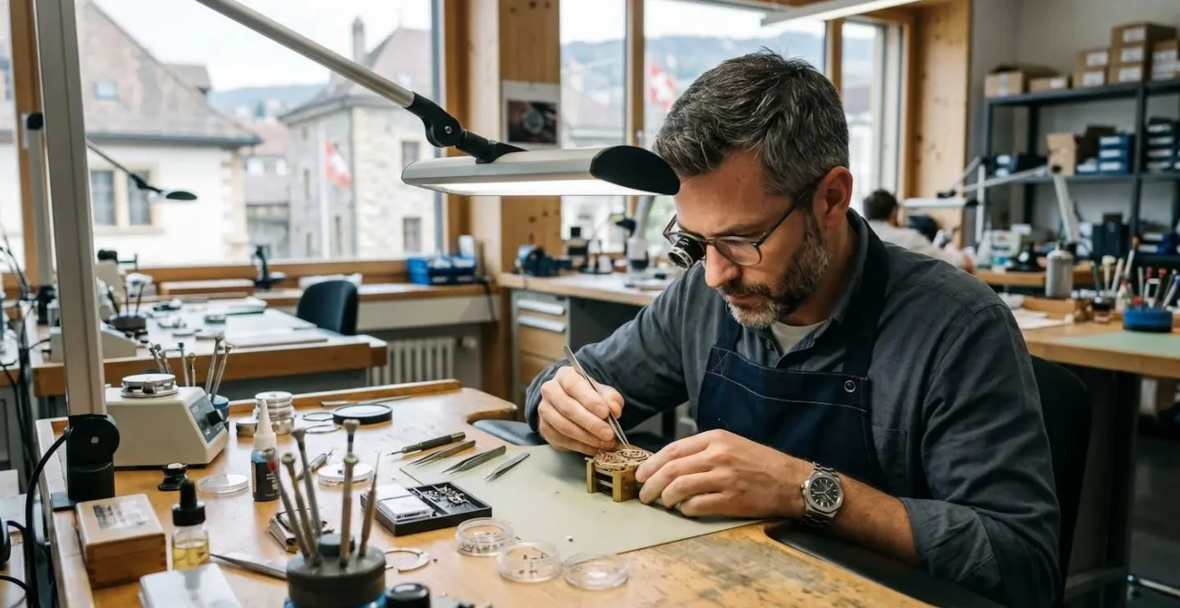 Horloger travaillant avec précision sur un mouvement de montre dans un atelier de micro-technique du canton de Neuchâtel