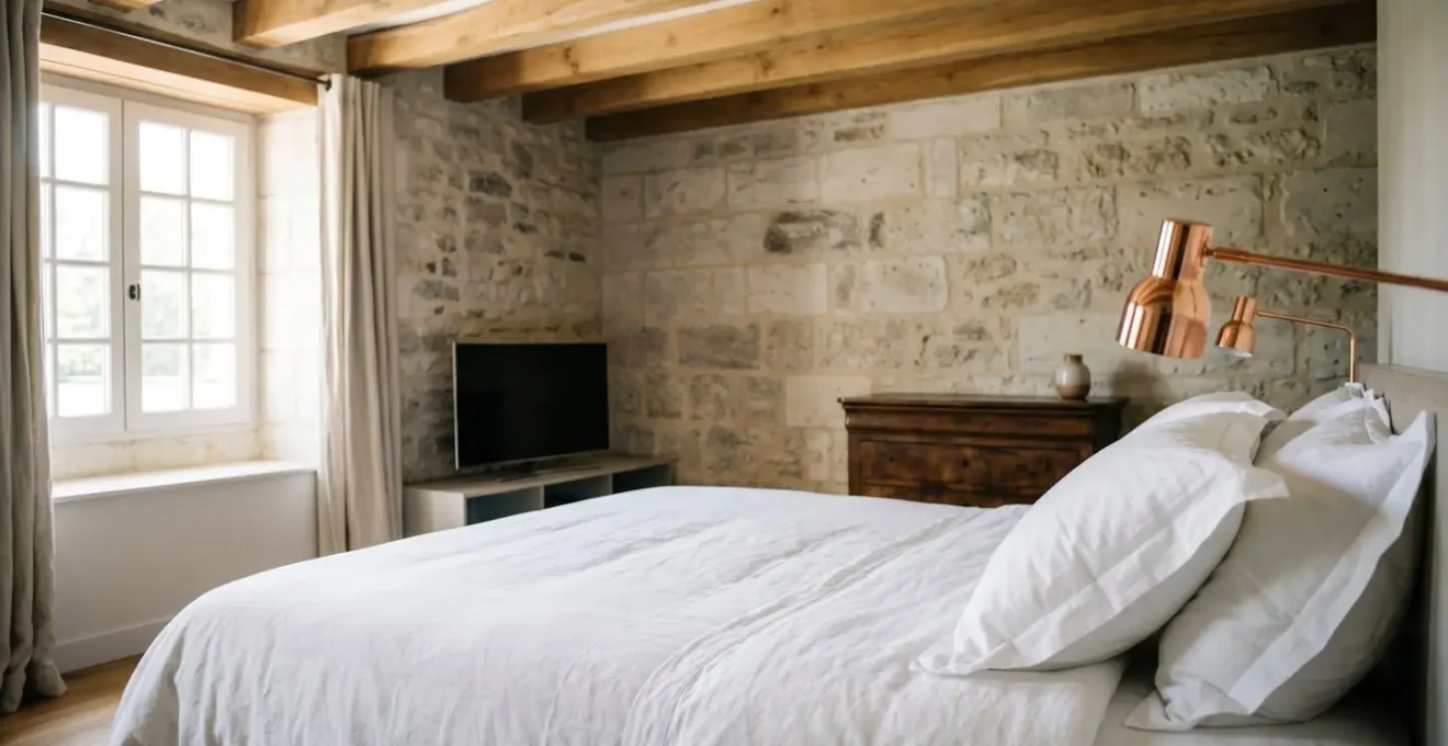 Intérieur d'une suite luxueuse du Domaine de la Haye avec poutres apparentes, mur en pierres anciennes et lit king size avec literie premium