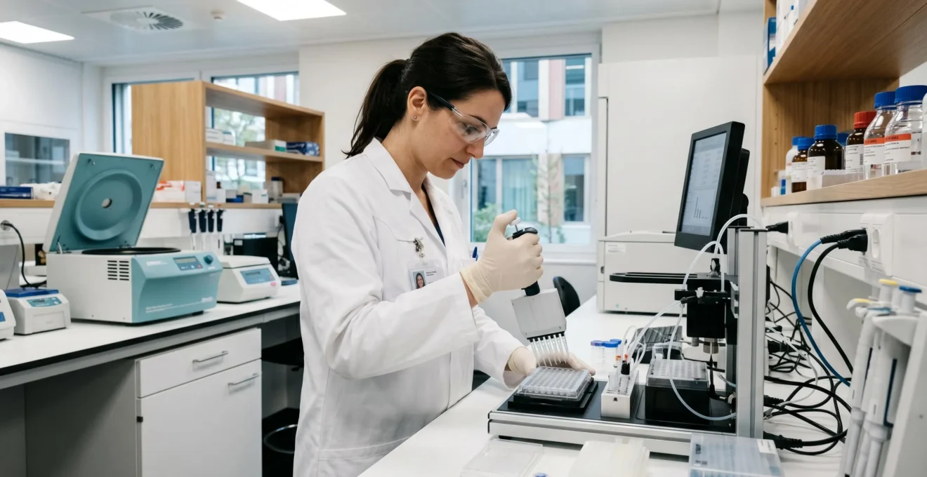 Laboratoire pharmaceutique moderne dans le canton de Vaud avec technicienne travaillant sur des équipements de recherche Life Sciences