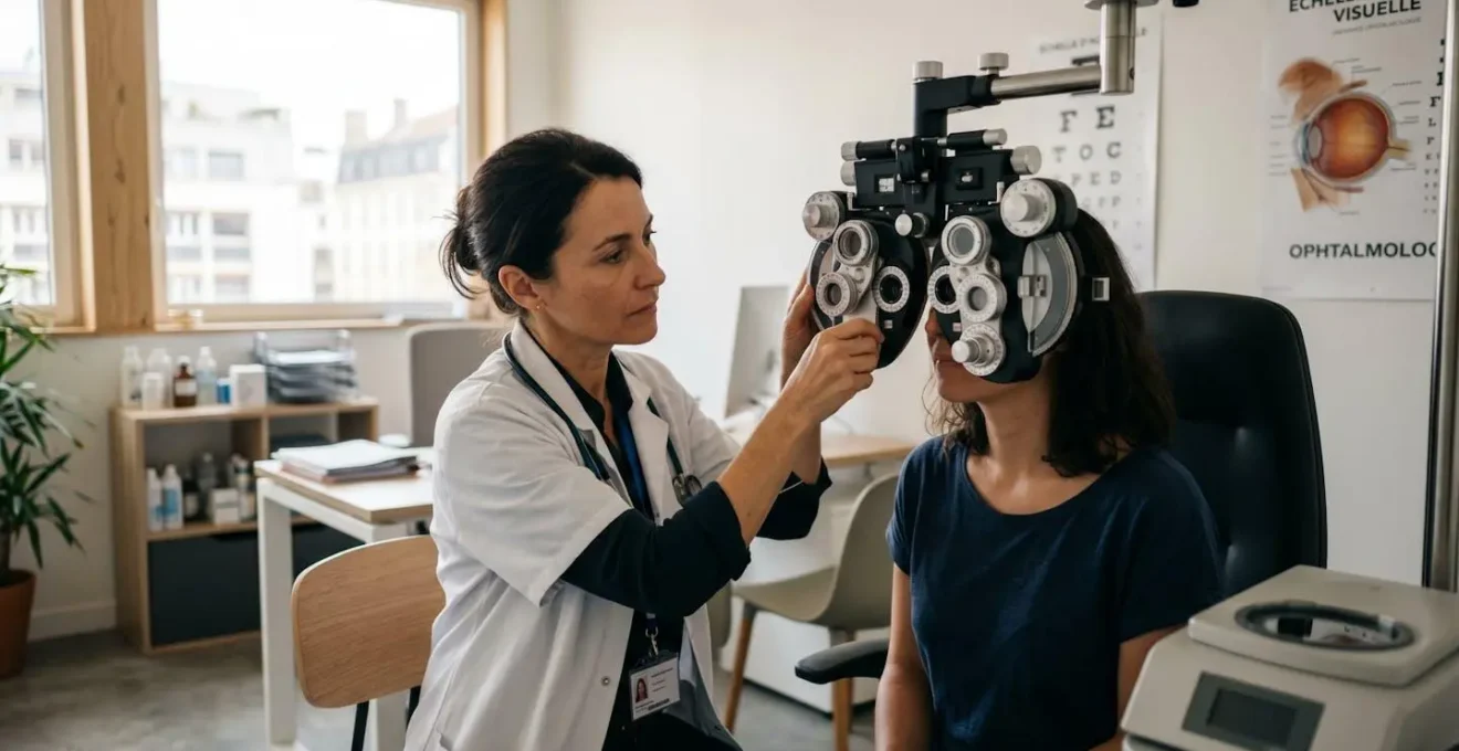Ophtalmologue examinant les yeux d'une patiente adulte avec un réfractomètre dans un cabinet médical moderne et lumineux