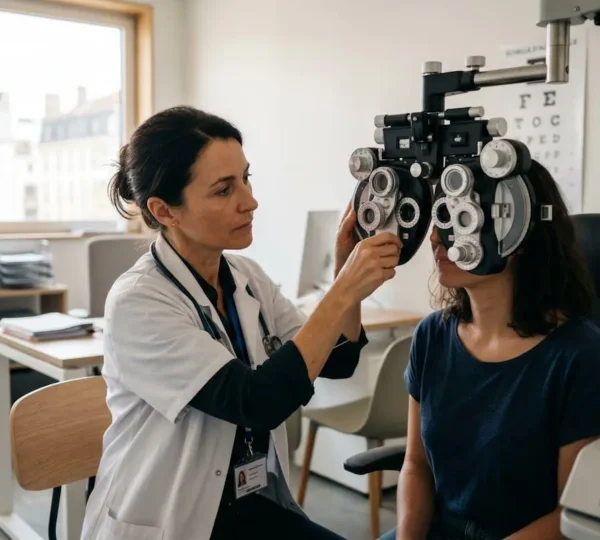 Ophtalmologue examinant les yeux d'une patiente adulte avec un réfractomètre dans un cabinet médical moderne et lumineux