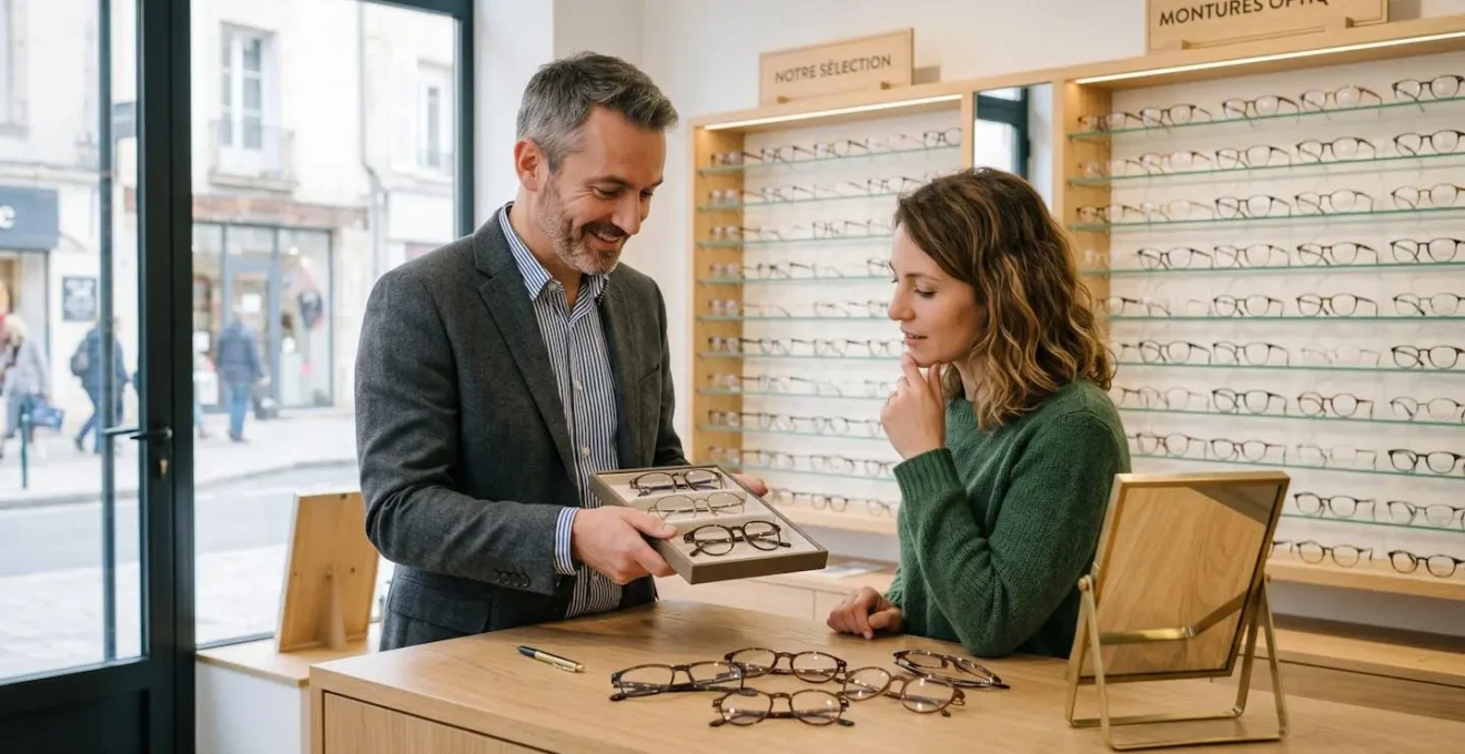 Opticien conseillant une cliente sur le choix de montures dans une boutique française moderne