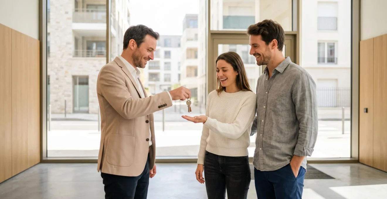 Remise des clés d'un appartement entre un couple d'acquéreurs et un professionnel de l'immobilier dans un hall d'entrée moderne et lumineux