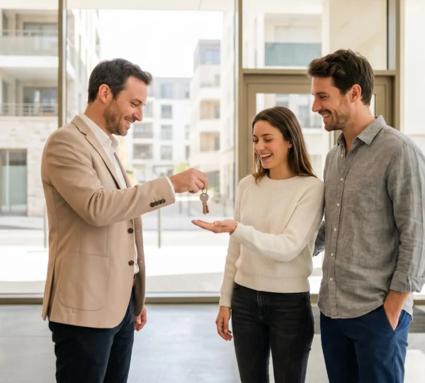 Remise des clés d'un appartement entre un couple d'acquéreurs et un professionnel de l'immobilier dans un hall d'entrée moderne et lumineux