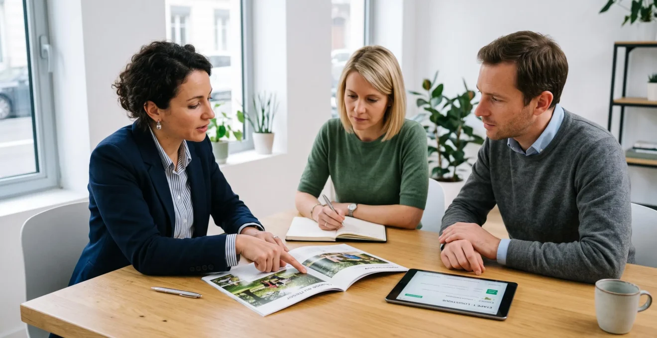 Responsable RH et prestataire événementiel en réunion de travail autour de catalogues d'activités team building, échangeant sur le choix optimal pour leur équipe