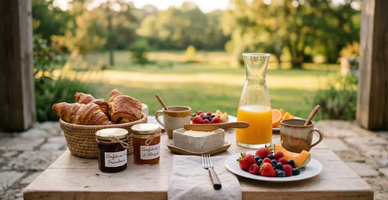 Table de petit-déjeuner dressée sur la terrasse du Domaine de la Haye avec produits locaux artisanaux et vue sur le parc