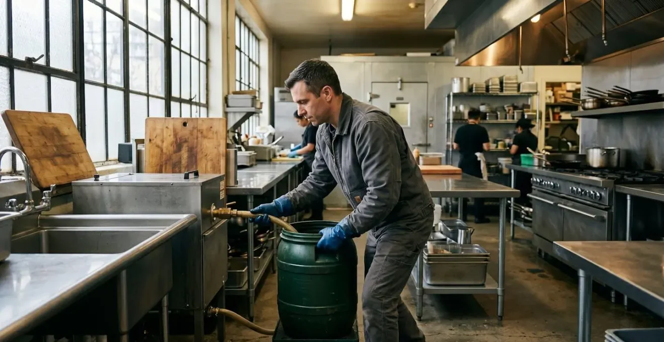Technicien professionnel manipulant un contenant spécialisé pour la collecte d'huiles usagées dans l'arrière-cuisine d'un restaurant équipé d'installations commerciales